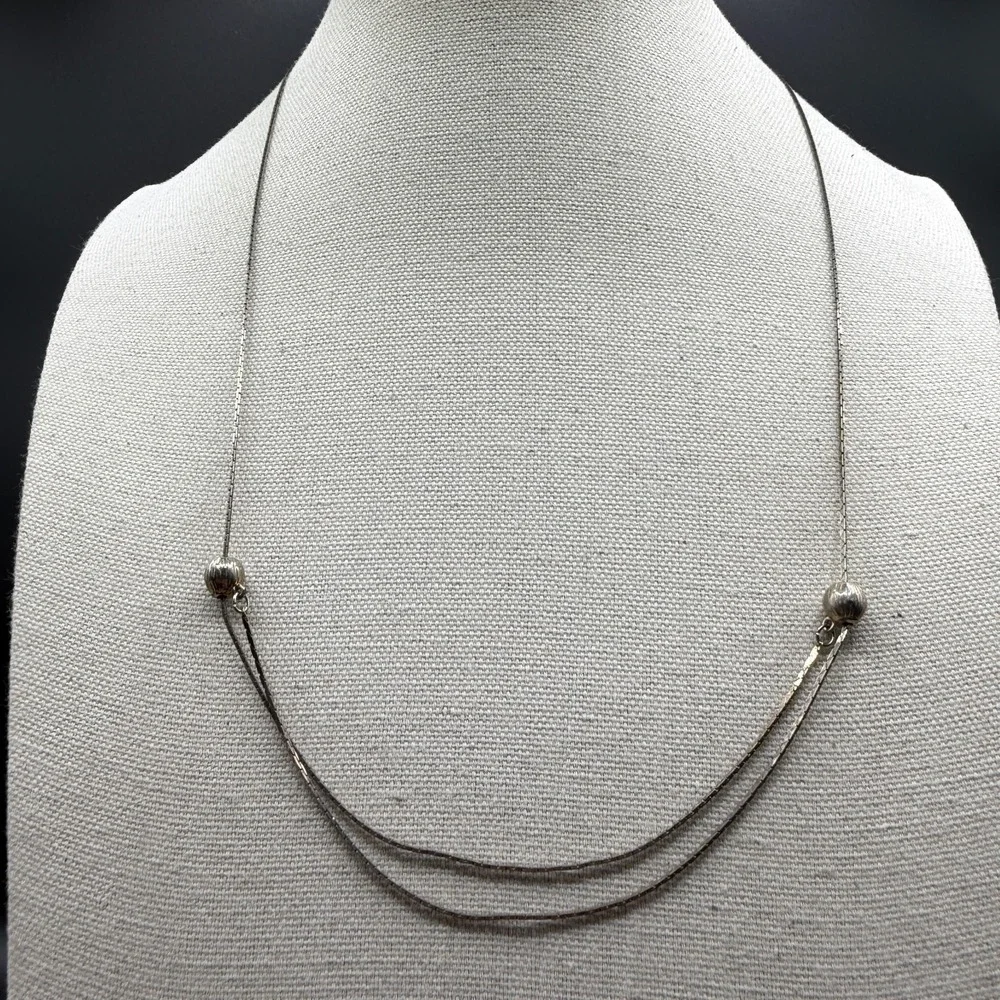 Silver Tone Double Strand Snake Chain Necklace Ribbed Beads Minimalist Gift